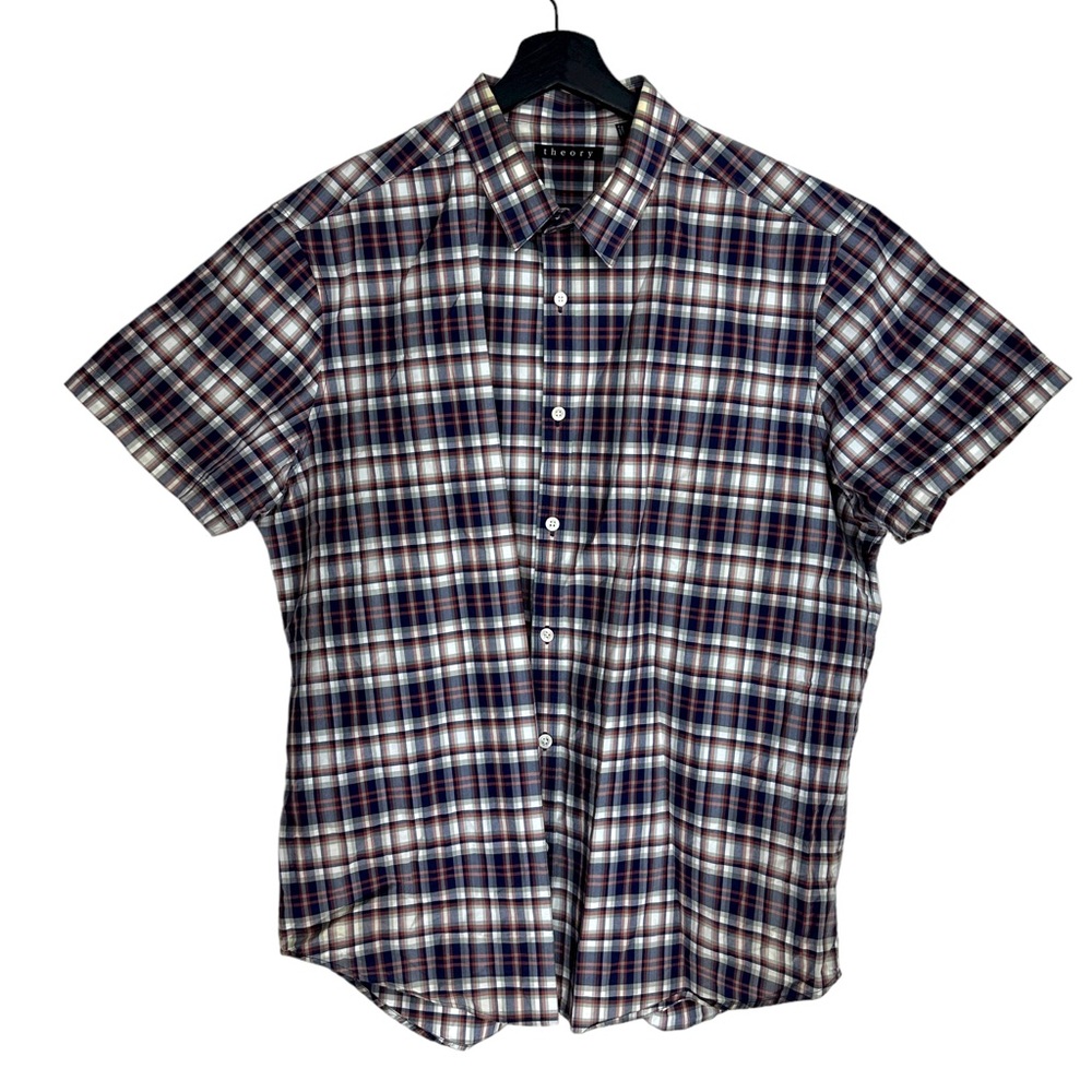 Theory Zack PS A Plaid Blue Button Front Short Sleeve Shirt XL Mens - Picture 2 of 11